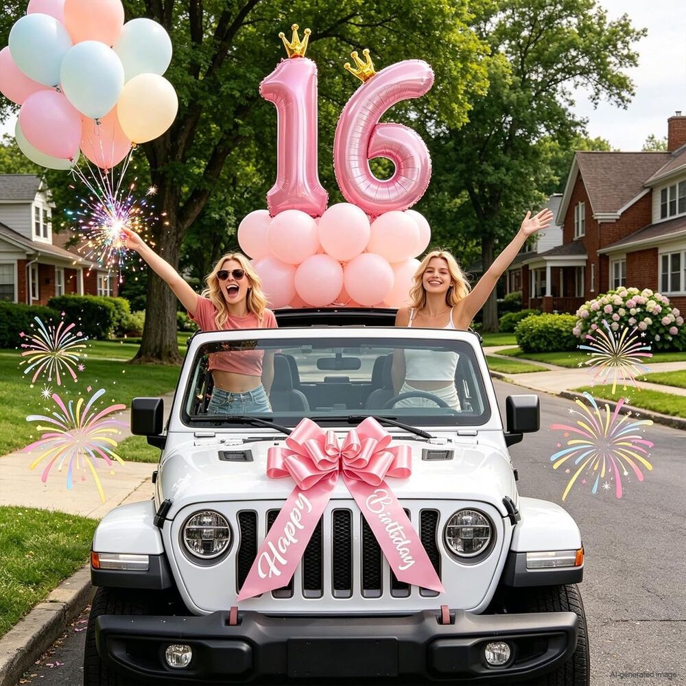 30" Sweet 16 Car Bow + 40" Number Balloons Rose Pink Birthday Decor